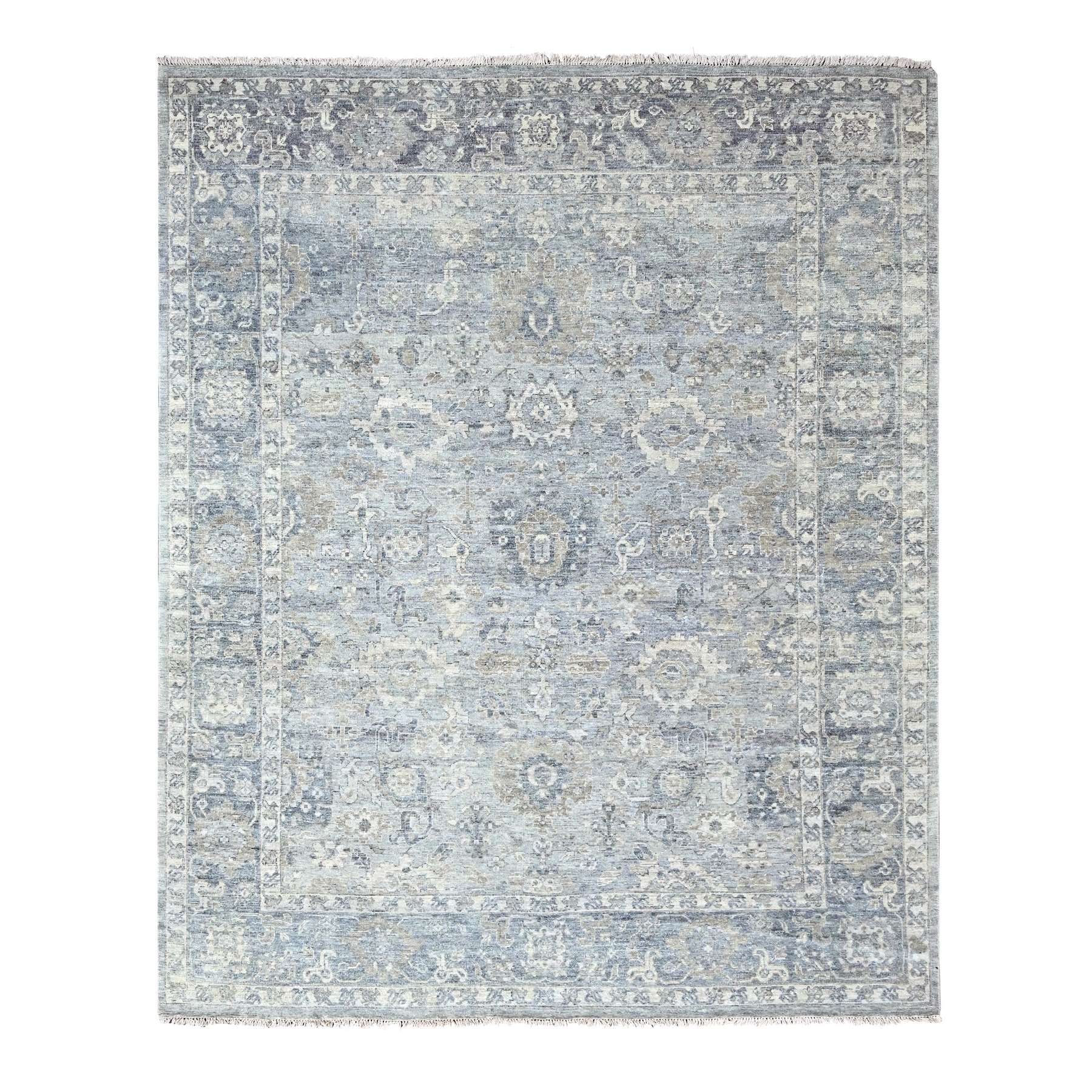 Pelican and Delray Gray Distressed, Zero Pile, Shaved Thin, Distinct Abrash Karajeh Heriz Design, Vibrant Wool, Hand Knotted Oriental Rug